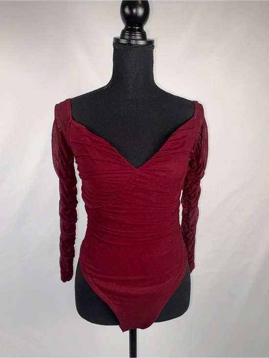 Fashion Nova Tops - Burgundy bodysuit Deep V-neck Ruched Sheer Long-Sleeve